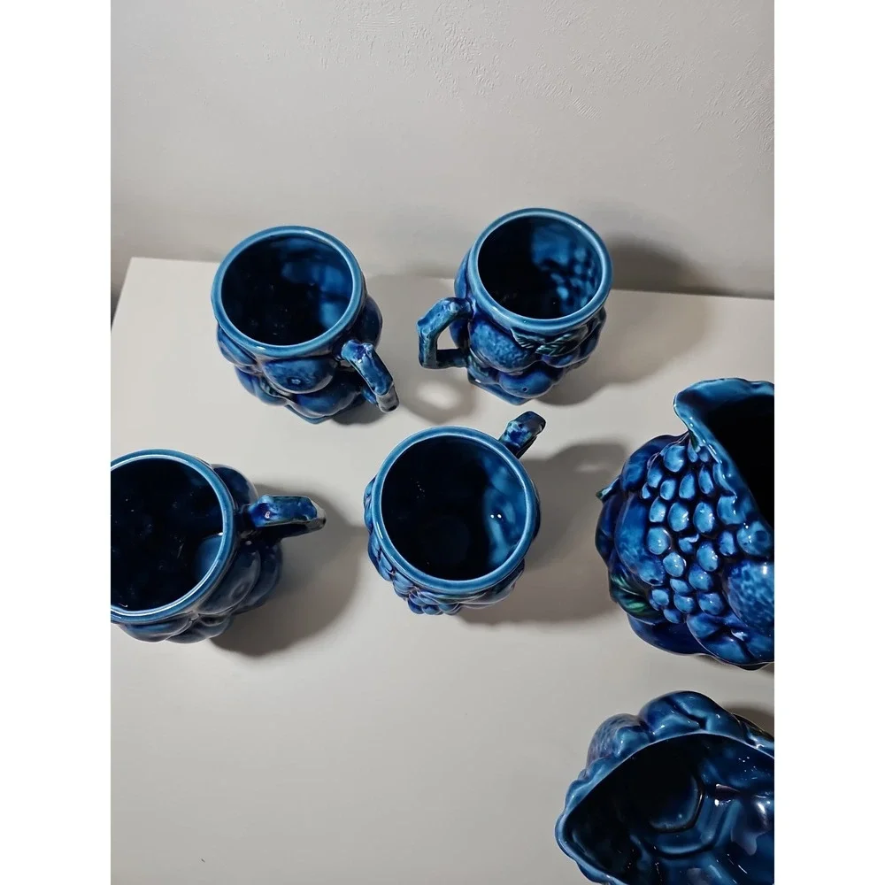 Vtg Inarco Mood Indigo Pitcher 4 Cups Creamer Set Blue Green MCM